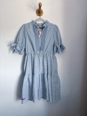 Simply Southern Blue Seersucker Dress 🩵 | Ruffle Sleeve Tiered Mini (M)